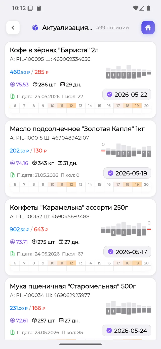 Актуализация остатков: цены, остаток, дни запаса и график продаж по дням